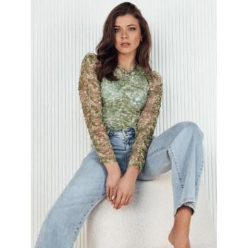 Hosszú ujjú blúzok - Zöld hálós blúz fodros díszítéssel kép