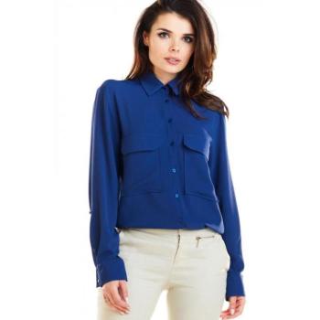 Hosszú ujjú ingek - Klasszikus női ing, sötétkék színben zsebekkel kép