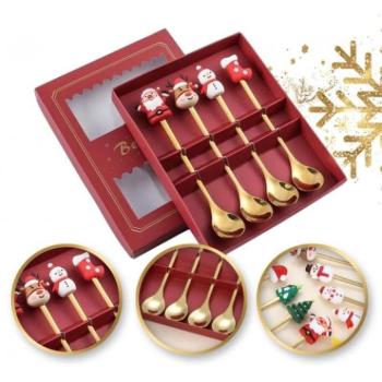 Karácsonyi dekoráció - Arany kanálkészlet karácsonyi figurákkal - 4 db. kép