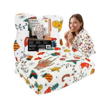 Karácsonyi dekoráció - Fehér karácsonyi takaró színes mintával - 1,5x2 m kép