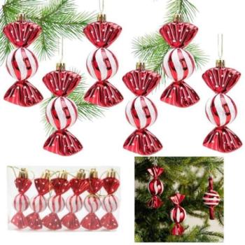 Karácsonyi dekoráció - Függő dekorációk piros és fehér cukorkák - 6 db kép