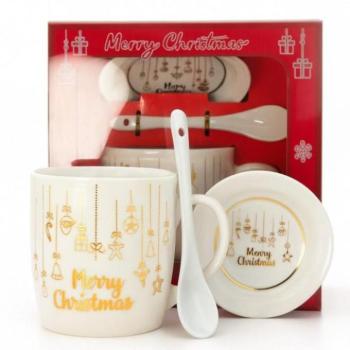 Karácsonyi dekoráció - Karácsonyi bögre csészealjjal és kanállal - 350 ml kép