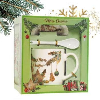 Karácsonyi dekoráció - Karácsonyi bögre csészealjjal és kanállal kép