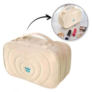 Kozmetikai táskák - Krémszínű, steppelt kozmetikai táska fogantyúval kép