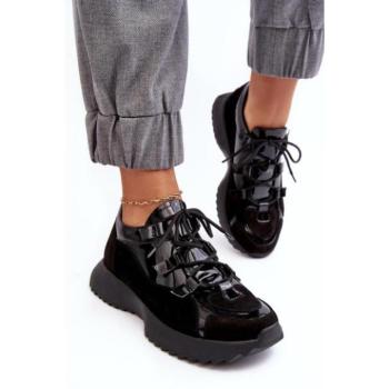 Női sneakerek  - Fekete bőr női tornacipő kép