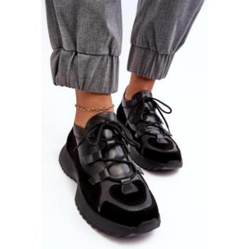 Női sneakerek  - Női bőr tornacipők fekete színben kép