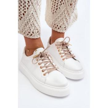 Női sportcipők - Fehér bőr tornacipő cirkónia fűzőkkel kép