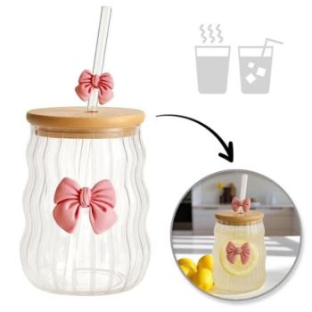 Poharak - Hullámkarton üvegpohár rózsaszín masnival - 450 ml kép