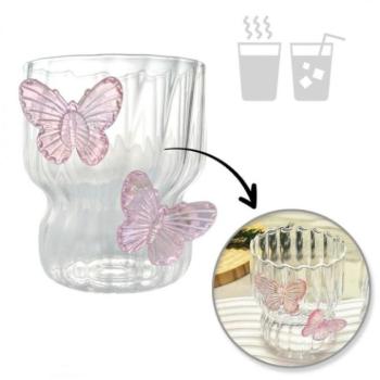 Poharak - Hullámos pohár rózsaszín pillangókkal - 260 ml kép