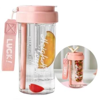 Poharak - Rózsaszín kulacs kosárral és szívószállal - 600 ml kép