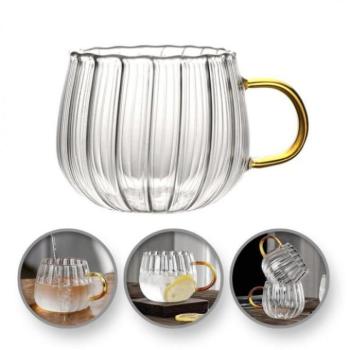 Poharak - Üveg hullámos bögre arany füllel - 450 ml kép