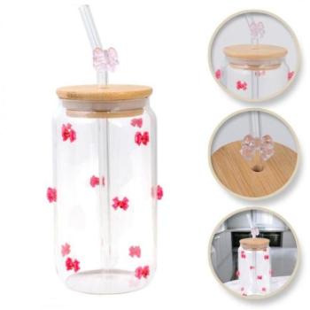 Poharak - Üvegpohár rózsaszín masnikkal - 460 ml kép