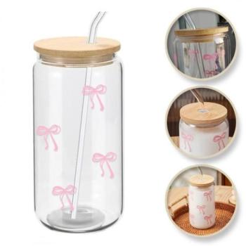 Poharak - Üvegpohár rózsaszín masnikkal - 500 ml kép