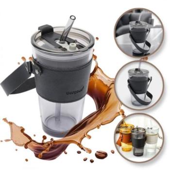 Poharak - Üvegpohár szívószállal és fedővel - 450 ml kép