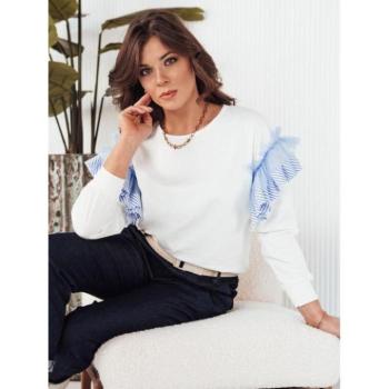 Pulóverek - Női fehér pulóver dekoratív fodros díszítéssel kép