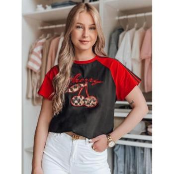 Rövid ujjú - Női fekete-piros cseresznyemintás póló RY2865 kép