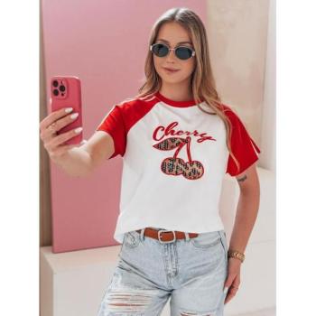 Rövid ujjú - Piros-fehér női póló cseresznye mintával RY2866 kép