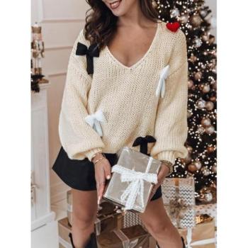 Szvetterek - Bézs színű női pulóver töltött masnikkal MY2363 kép