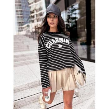 Szvetterek - Fekete csíkos női pulóver varrott MY2074 felirattal kép