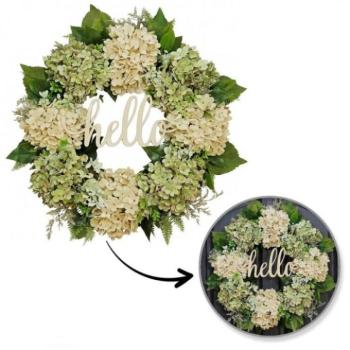 Ünnepi dekorációk - Őszi koszorú hortenziával és HELLO felirattal kép