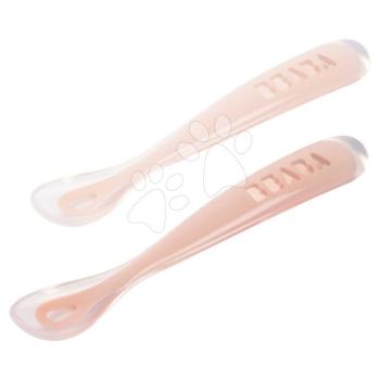 Első gyakorlókanalak First Age Silicone Spoons Cotton Candy Sorbet Duo Beaba szilikonból önélló étkezéshez praktikus tokban 2 drb rózsaszín 4 hó-tól kép