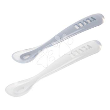 Első gyakorlókanalak First Age Silicone Spoons Pebble Cloud Blue Duo Beaba szilikonból önálló étkezéshez praktikus tárolóban 2 db kékes-fehér 4 hó-tól kép