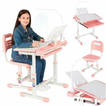 Ergonomikus Gyerek Íróasztal fiókkal, székkel és LED lámpával, Rózsaszín kép