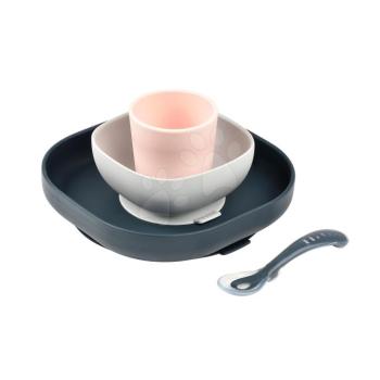 Étkészlet Beaba Silicone meal set szilikonból 4 részes rózsaszin-szürke-kék kisbabáknak kép