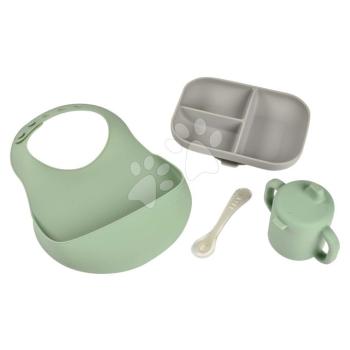 Étkezőgarnitúra Silicone Meal Essentials Set Beaba bögrével tányérral kanállal és előkével zöld-szürke 8 hó-tól kép
