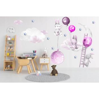 Gyerek falmatrica Boldog nyuszik léggömbökkel 120 x 240 cm kép