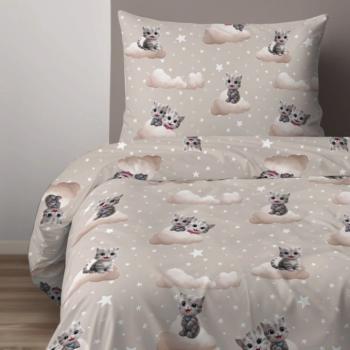 Gyerek pamut ágynemű cica mintával, bézs színű 2 rész: 1 db 140x200 + 1 db 70x80 kép