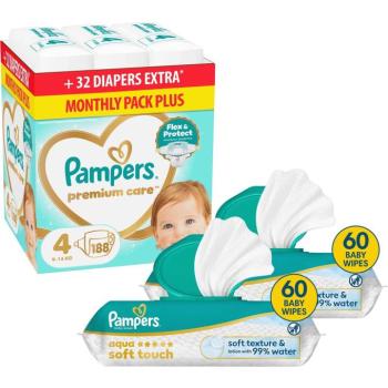 PAMPERS Premium Care 4 (188 db) + PAMPERS Aqua Soft Touch 120 db (2× 60 db) kép