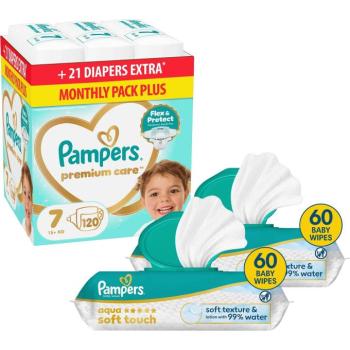 PAMPERS Premium Care 7 (120 db) + PAMPERS Aqua Soft Touch 120 db (2× 60 db) kép