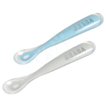 Sada 2 ergonomických lyžičiek Beaba 1st age Windy Blue Spoon 17 cm z mäkkého silikónu na samostatné jedenie modrá od 4 mes