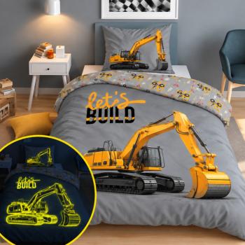 Sötétben világító pamut gyermekágynemű – kotrógép 2 rész: 1 db 140x200 + 1 db 70x80 kép
