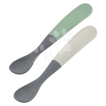Ergonomikus kanalak 1st Age Silicone Spoons Mineral Grey Sage Green Beaba szilikonból önálló étkezéshez dobozban 2 drb 4 hó-tól kép