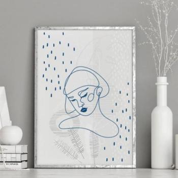 Fehér, minimalista plakát, nő motívumával, kék árnyalatban kép