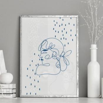Fehér, minimalista poszter, nő motívumával, kék árnyalatban kép