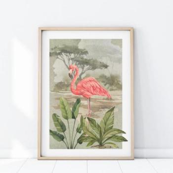 Szafari témájú, fali plakát, flamingó motívummal kép