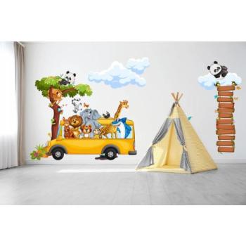 Gyerek falmatrica Vidám állatkák a buszon 50 x 100 cm kép