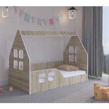 Montessori Házikó gyerekágy sonoma tölgyfa 140 x 70 cm - ajándék matraccal - balos kép