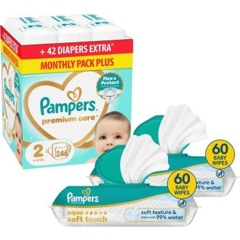 PAMPERS Premium Care 2 (246 db) + PAMPERS Aqua Soft Touch 120 db (2× 60 db) kép