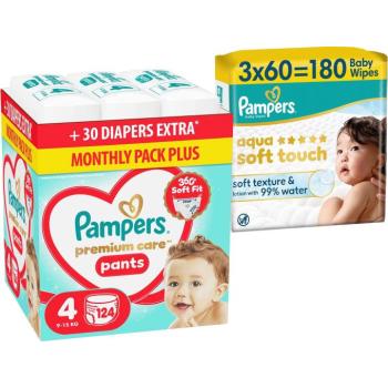 PAMPERS Premium Care Pants 4 (124 db) + PAMPERS Aqua Soft Touch, 180 db (3× 60 db) kép