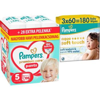 PAMPERS Premium Care Pants 5 (108 db) + PAMPERS Aqua Soft Touch, 180 db (3× 60 db) kép
