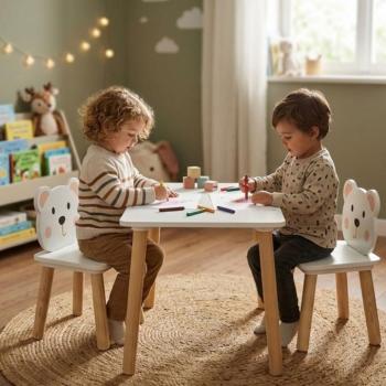 Pepita fa Gyerekasztal székekkel - Maci - fehér-barna kép